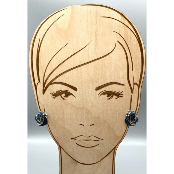 Vintage Abstract Blue Enamel Earrings, Silver Tone Clip Ons - Picture 3 of 5